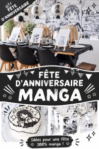 Fête d'anniversaire avec décorations manga et table gourmande