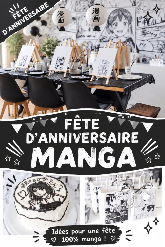 Fête d'anniversaire avec décorations manga et table gourmande