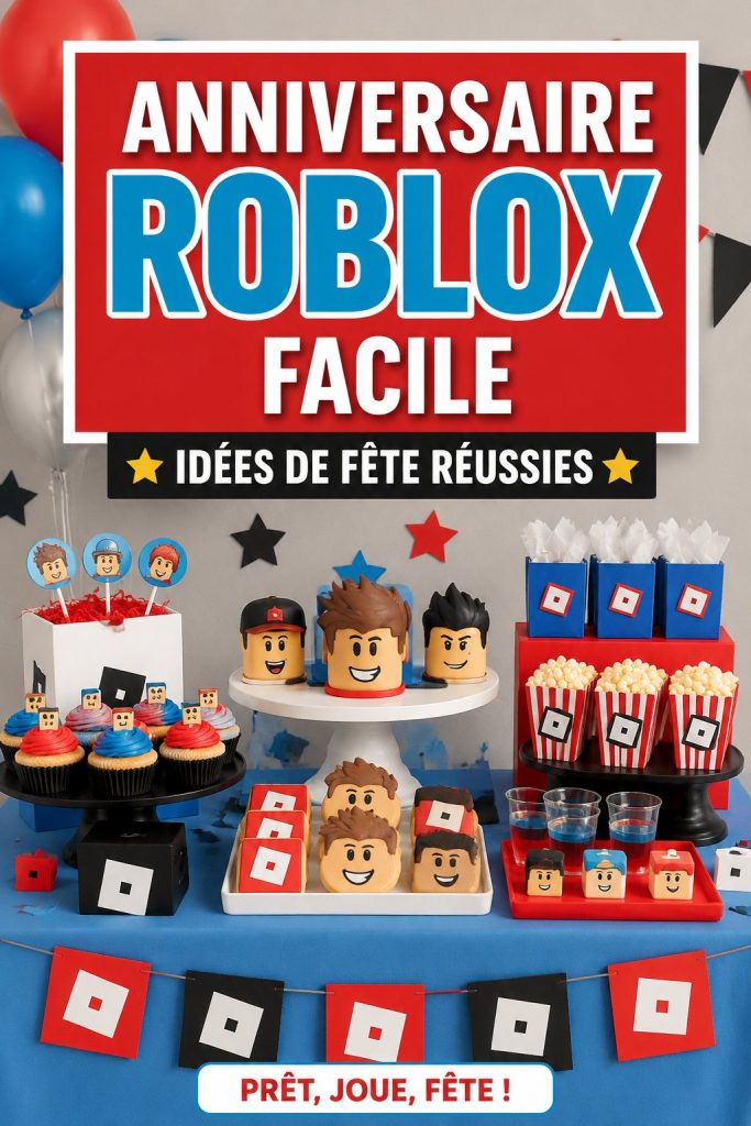 Fête d'anniversaire sur le thème Roblox avec décorations colorées et gâteaux gourmands.