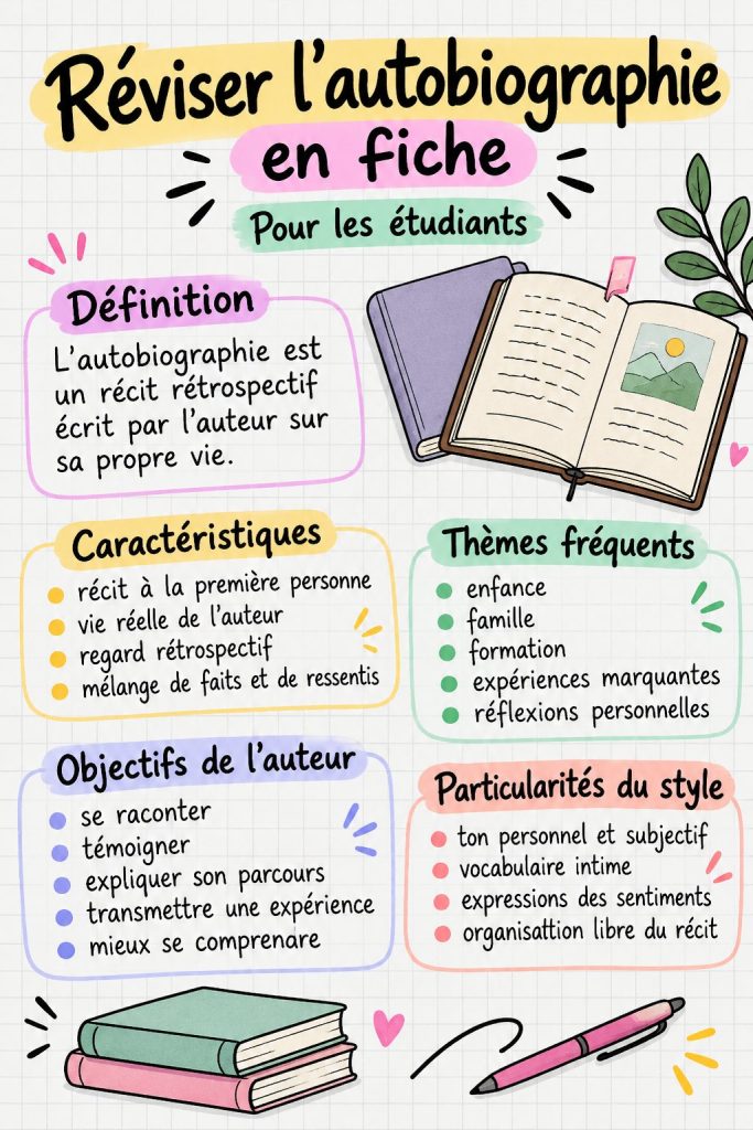 Fiche de révision sur une table avec des notes d'autobiographie.