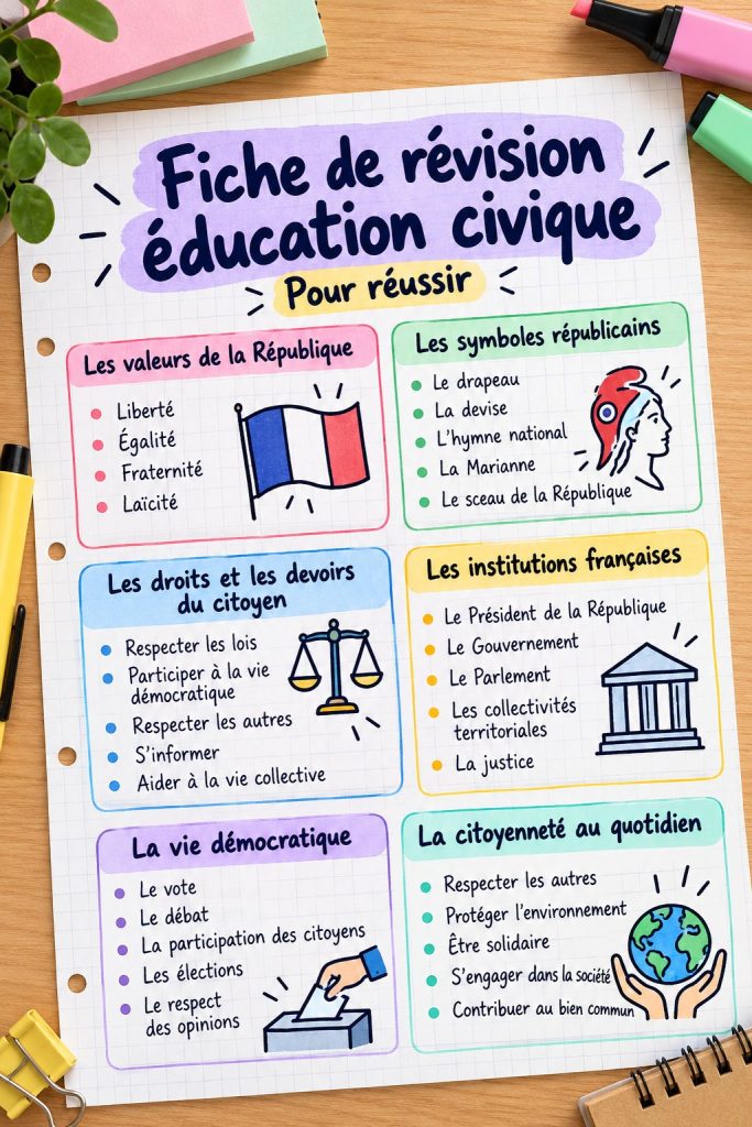 Fiche de révisions sur l'EMC, organisée et colorée, montrant une méthode d'étude efficace.