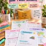 Enfant étudiant avec des fiches pédagogiques sur une table.