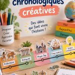 Une frise chronologique colorée réalisée par des enfants avec des événements marquants.