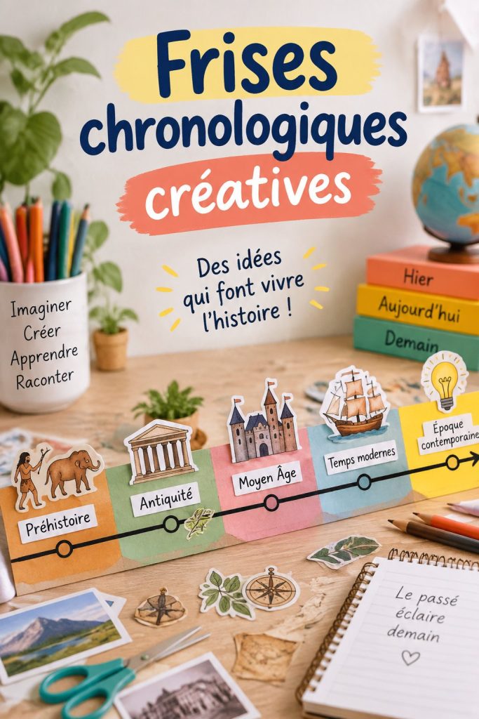Une frise chronologique colorée réalisée par des enfants avec des événements marquants.