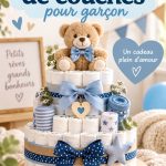 Un gâteau de couches décoré pour un baby shower, mettant en avant des éléments bleus