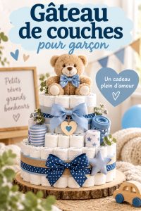 Un gâteau de couches décoré pour un baby shower, mettant en avant des éléments bleus