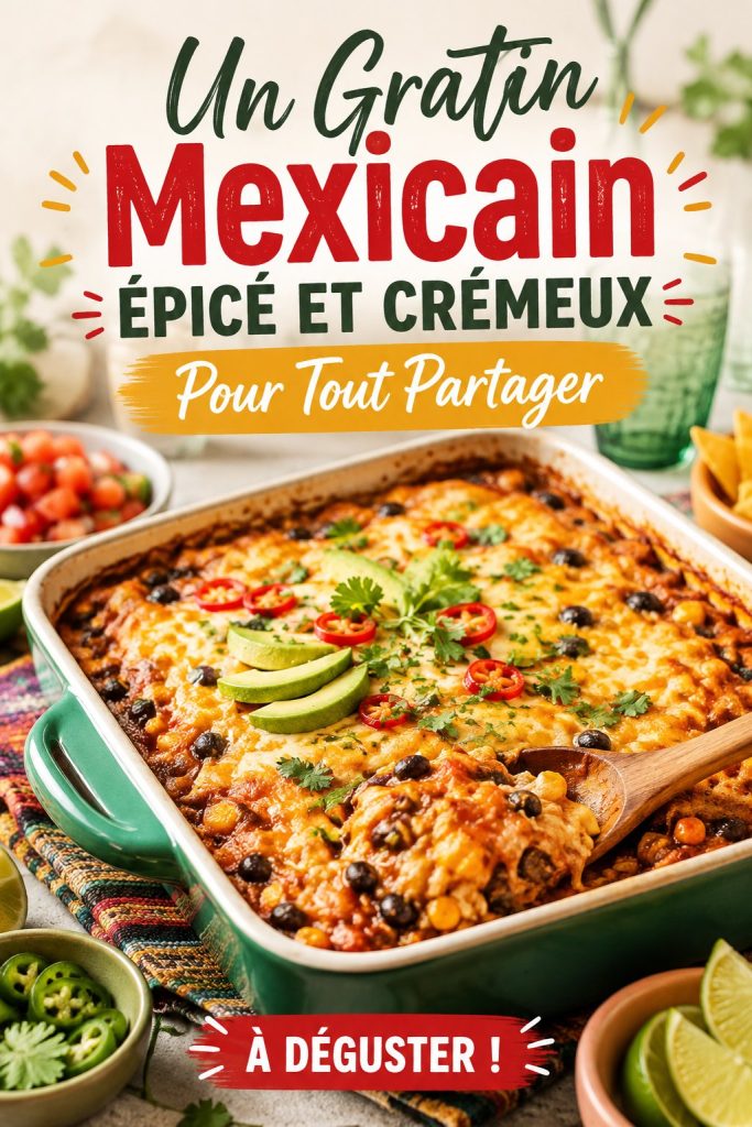 Gratin mexicain épicé et crémeux dans un plat en verre, prêt à être servi.