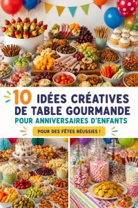 Buffet coloré pour un anniversaire d'enfants avec divers plats et décorations