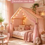 Chambre de petite fille avec lit à baldaquin et rideaux roses