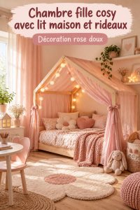 Chambre de petite fille avec lit à baldaquin et rideaux roses