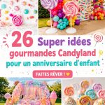 Une table décorée pour une fête d'anniversaire Candyland, avec des gâteaux colorés et des bonbons