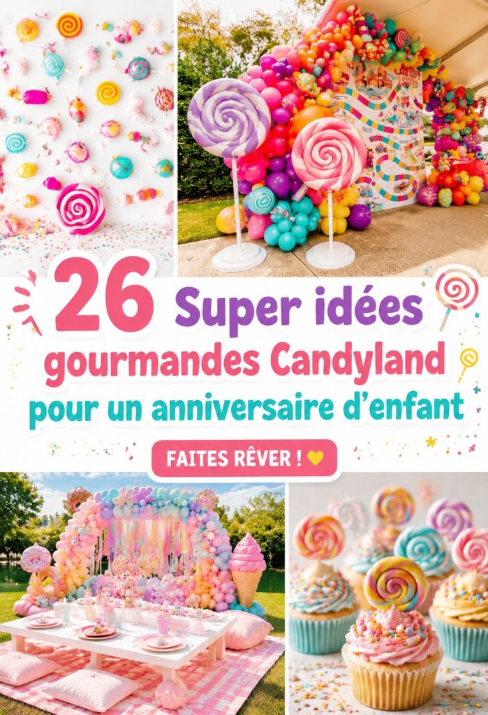 Une table décorée pour une fête d'anniversaire Candyland, avec des gâteaux colorés et des bonbons