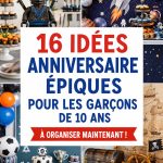 Une fête d'anniversaire pour un garçon de 10 ans, avec décorations colorées et un gâteau personnalisé.