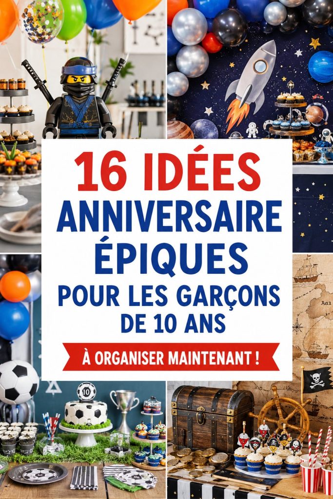 Une fête d'anniversaire pour un garçon de 10 ans, avec décorations colorées et un gâteau personnalisé.