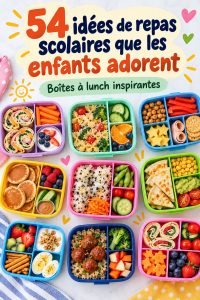 Une lunch box colorée avec des fruits, des légumes et des sandwichs pour enfants.