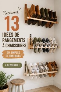 Étagère DIY remplie de chaussures bien rangées dans une entrée moderne.