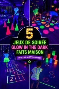 Jeux DIY phosphorescents pour enfants en pleine action à une fête, créant une ambiance lumineuse et joyeuse.