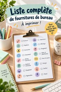 Liste imprimable de fournitures de bureau organisée sur un bureau en bois