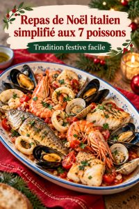 Un beau plat de 7 poissons préparés pour un repas de Noël italien