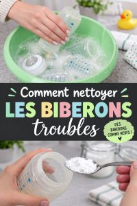 Biberons propres sur une table, montrant l'importance d'une bonne hygiène pour bébé.