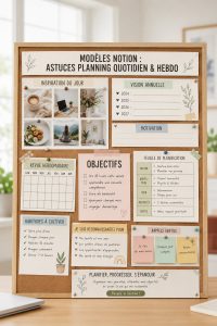 Exemple de la planification hebdomadaire sur Notion avec des sections claires et colorées pour une organisation optimale.