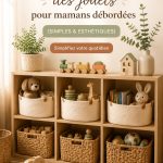Un espace de jeu bien organisé avec des jouets rangés dans des bacs colorés.