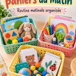 Un panier matinal rempli de livres, de jouets éducatifs et de fournitures pour un réveil joyeux. Thématique Montessori.