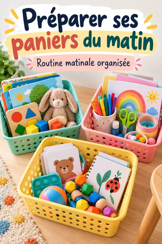 Un panier matinal rempli de livres, de jouets éducatifs et de fournitures pour un réveil joyeux. Thématique Montessori.