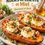 Patates douces rôties avec chèvre et miel présentées dans une assiette colorée, prête à être dégustée.
