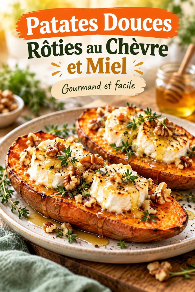 Patates douces rôties avec chèvre et miel présentées dans une assiette colorée, prête à être dégustée.