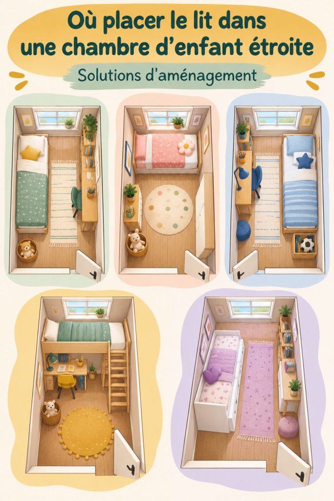 Chambre d'enfant étroite avec lit bien placé et décoration chaleureuse.