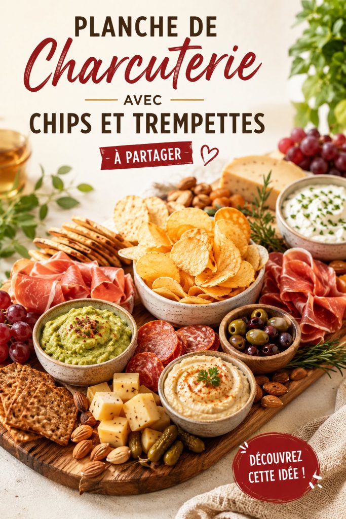 Planche de charcuterie colorée avec chips et trempettes, idéale pour une soirée en famille