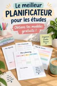 Modèle de planner d'étude gratuit sur un bureau avec stylos et cahiers.