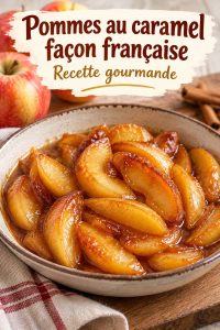 Pommes au caramel à la française sur une assiette blanche, garnies de sauce caramel
