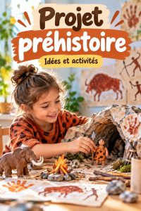 Enfants en train de créer des projets préhistoriques avec des matériaux recyclés.