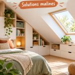 Une chambre sous les combles avec des solutions de rangement pratiques et esthétiques.