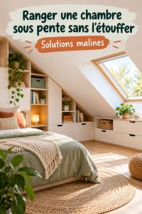 Une chambre sous les combles avec des solutions de rangement pratiques et esthétiques.