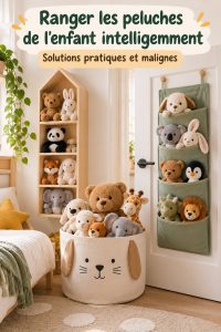 Des idées de rangement malines et esthétiques pour les peluches d'enfants.