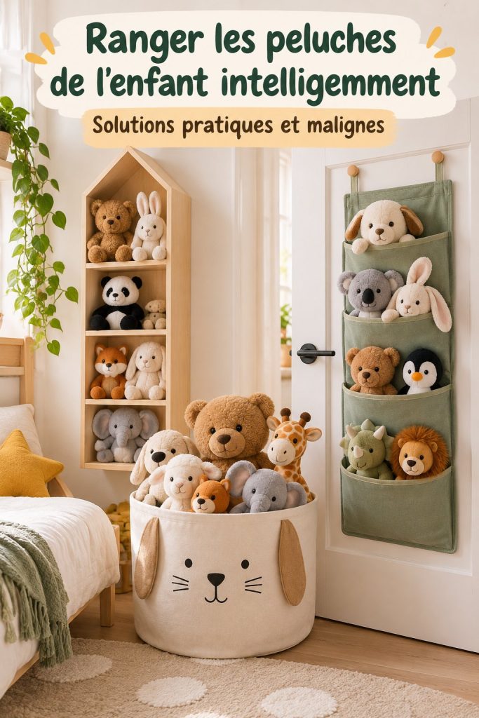 Des idées de rangement malines et esthétiques pour les peluches d'enfants.
