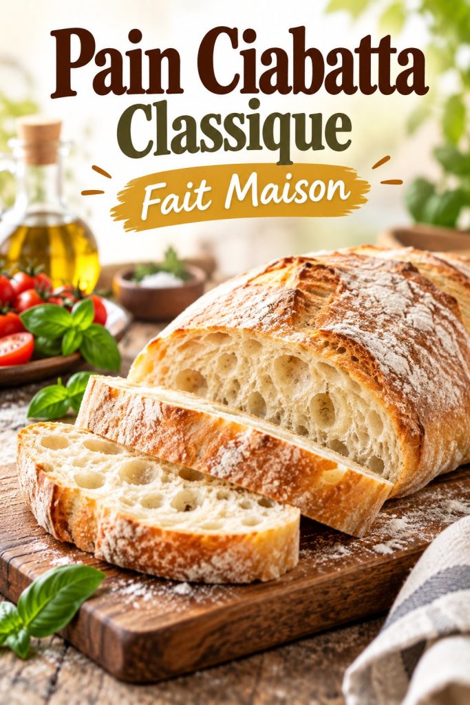 Une ciabatta maison dorée et croustillante sur une planche en bois.