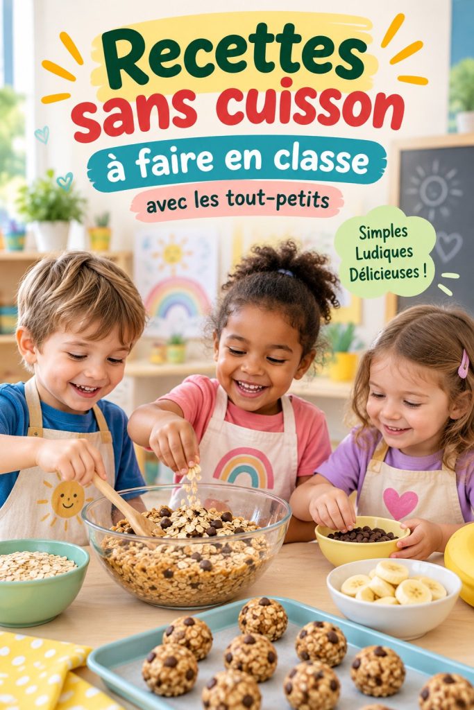 Enfants de maternelle préparant des recettes sans cuisson en classe