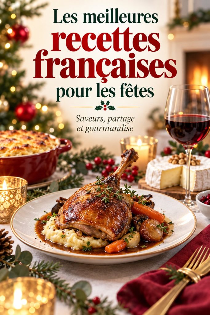 Recettes festives françaises avec des plats traditionnels sur une table magnifiquement dressée.