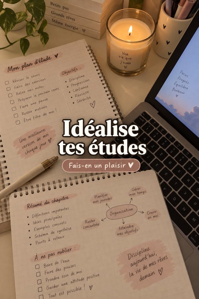 Un étudiant studieux dans un espace d'étude accueillant, entouré de décorations inspirantes.