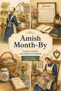 Illustration d'une famille réunie autour d'une table, symbolisant la vie simple et organisée à la manière des Amish.