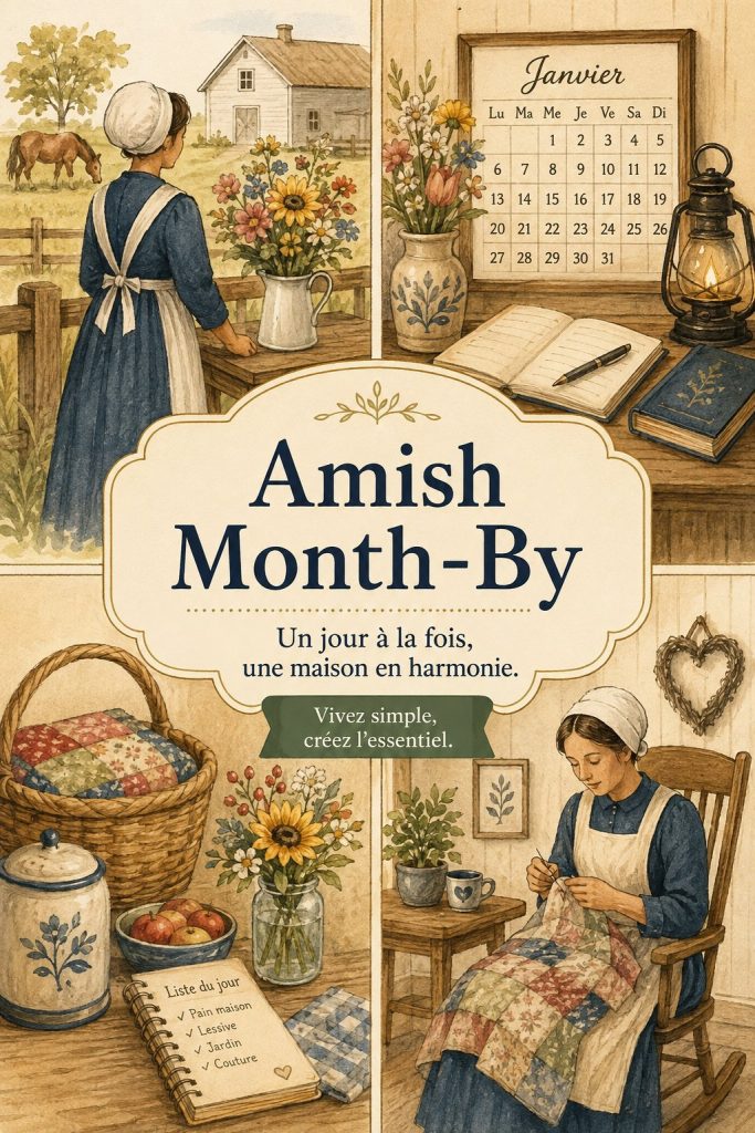 Illustration d'une famille réunie autour d'une table, symbolisant la vie simple et organisée à la manière des Amish.