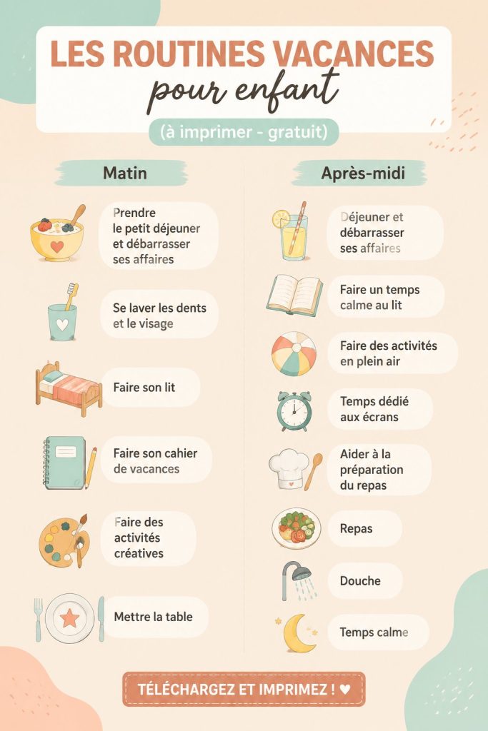 Exemple de routine de vacances pour enfants imprimable, avec des activités diversifiées.