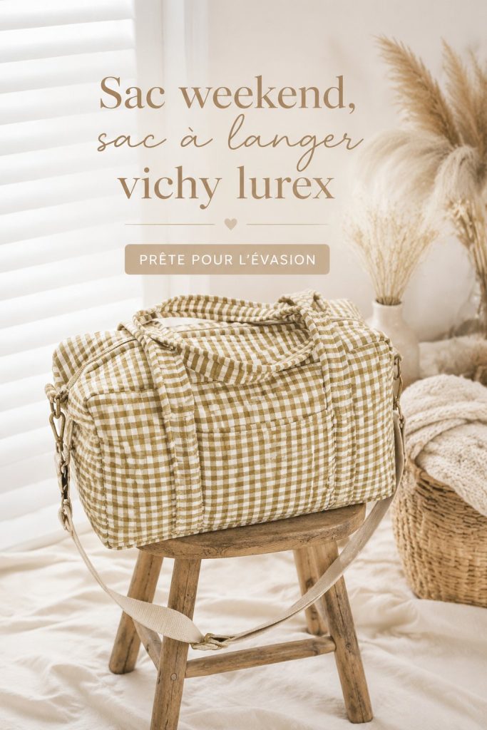 Sac à langer vichy lurex sur une table, prêt pour une sortie familiale.