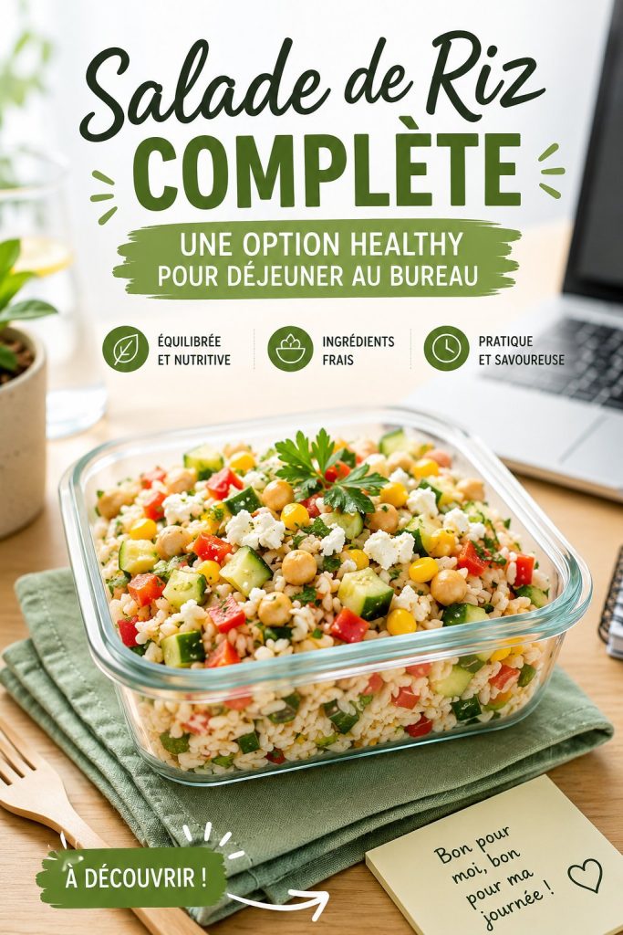 Salade de riz complète avec légumes colorés, idéale pour le bureau.