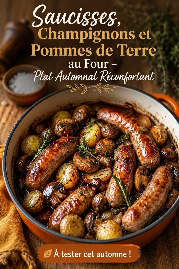 Plat de saucisses et champignons cuit au four, servi avec des pommes de terre dorées.