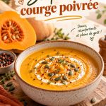 Soupe de courge poivrée dans un bol avec des herbes fraîches